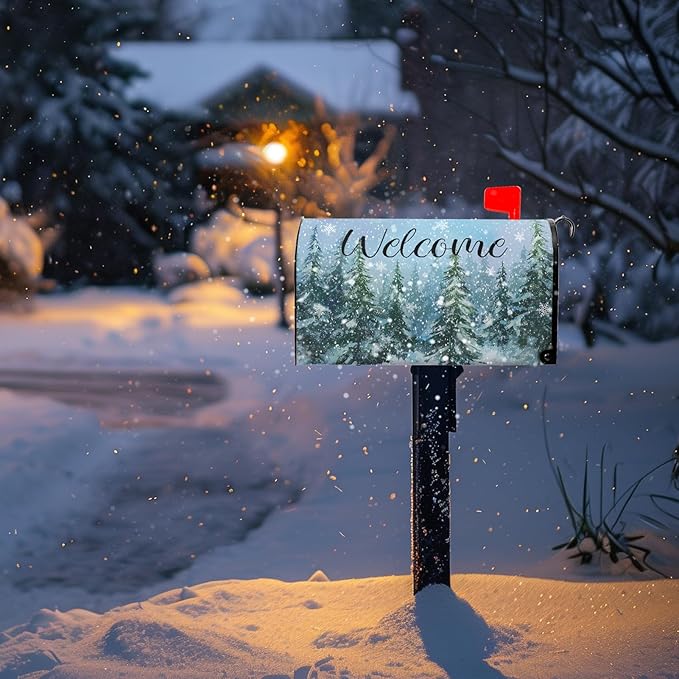Winter Welcome Mailbox Covers Magnetic Forest Pine Tree Mailbox Cover Standard Size 21x18 Inch Snowflakes Outdoor Letterbox Wraps for Garden Yard Winter Decor