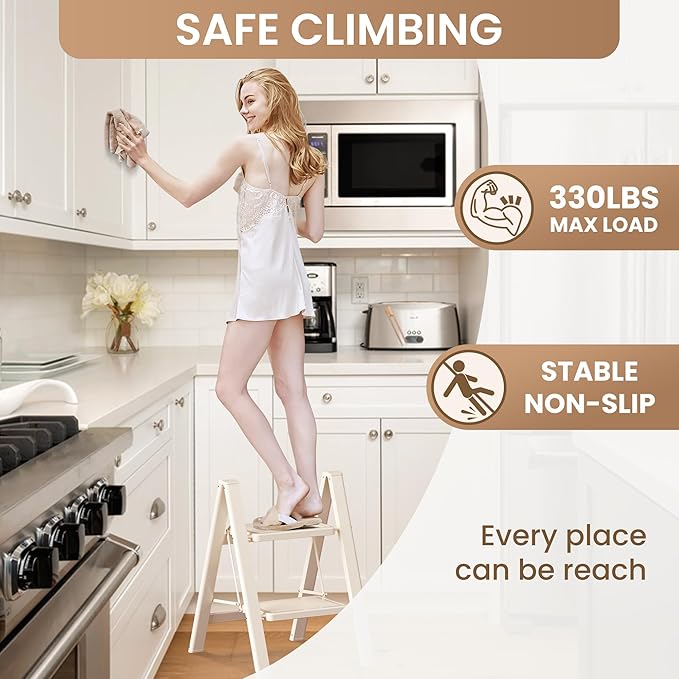 GameGem 2 Step Ladder Folding Step Stool with Wide Anti-Slip Pedal, 330LBS Capacity, Lightweight Portable Stepladder for Home and Kitchen Use, Cream White