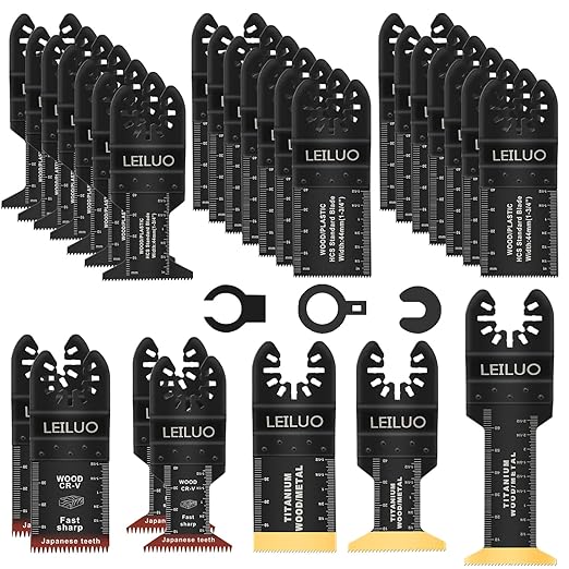 LEILUO 32 Pcs Multitool Blade Kit for Wood Nails Titanium Oscillating Saw Blades Japanese Tooth Oscillating Tool Accessories with Storage Bag Compatible with DeWalt Makita Dremel and More