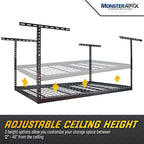 MonsterRax Overhead Garage Storage Racks 4x6, Ceiling Mounted Shelving, Adjustable Hanging Storage Organizer, Heavy Duty Steel, Holds 500 Pounds, Color: Hammertone, Adjusts 12"-21” off Ceiling