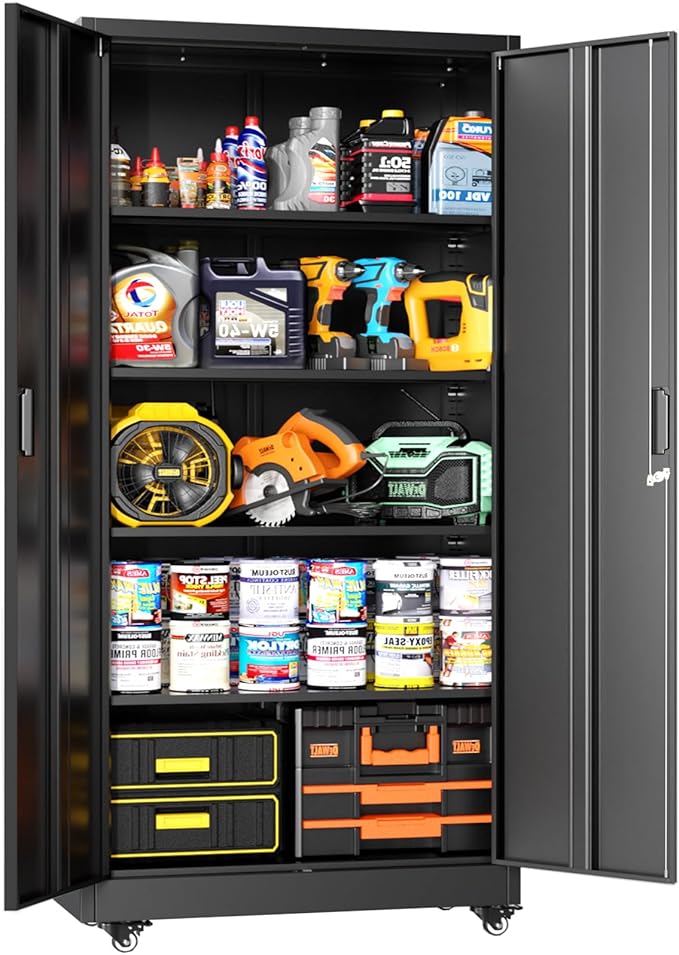 Greenvelly Metal Garage Storage Cabinet with Wheels, Black 73" Rolling Metal Cabinet with Locking Doors and Adjustable Shelves, Tool Organization with Wheels for Home,Kitchen,Office
