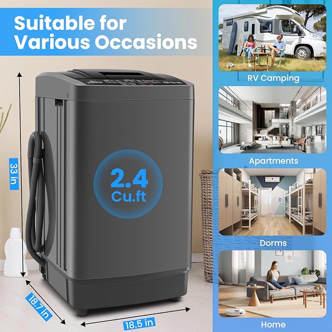 Nictemaw Portable Washing Machine 17.8Lbs, 2.4Cu.ft Full Automatic Portable Washer with 10 Wash Programs, 8 Water Levels & Drain Pump, Compact Laundry Washer for Home, RV, Dorm, Grey