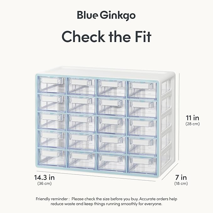 Blue Ginkgo Small 20-Drawer Cabinet – Stackable Clear Organizer for Hardware, Beads, Plastic Bricks, Office, and Craft Storage (Made in Korea, Blue)