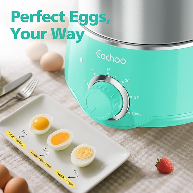 Hard Boiled Egg Cooker - CACHOO 14-Egg Rapid Stainless Steel Egg Boiler with 30-Min Timer & Auto Shut Off, Compact Electric Vegetable Steamer for Cooking, Dishwasher Safe, Aqua