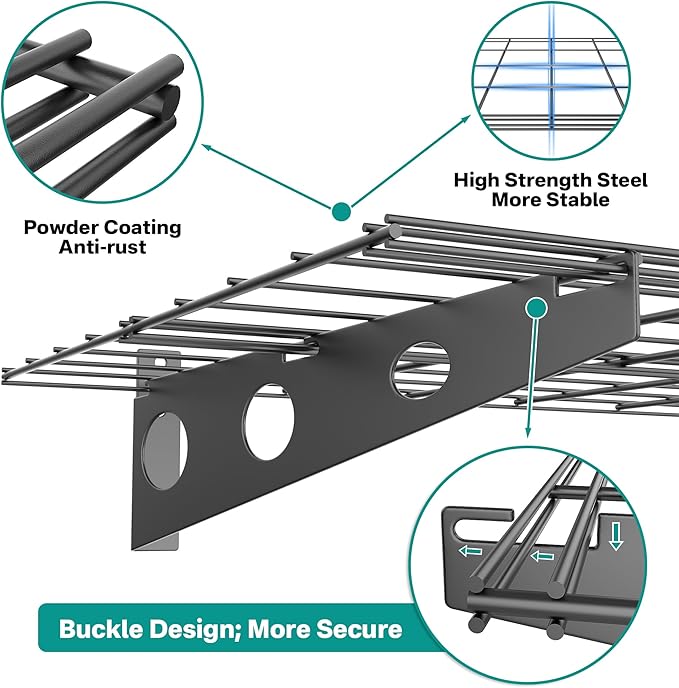 EVERHANGER Wall Mounted Garage Wall Shelves, 2 x 4 ft Metal Storage Shelves, Heavy Duty Wall Shelving with Hooks, Holds Up to 220 Lbs, Black