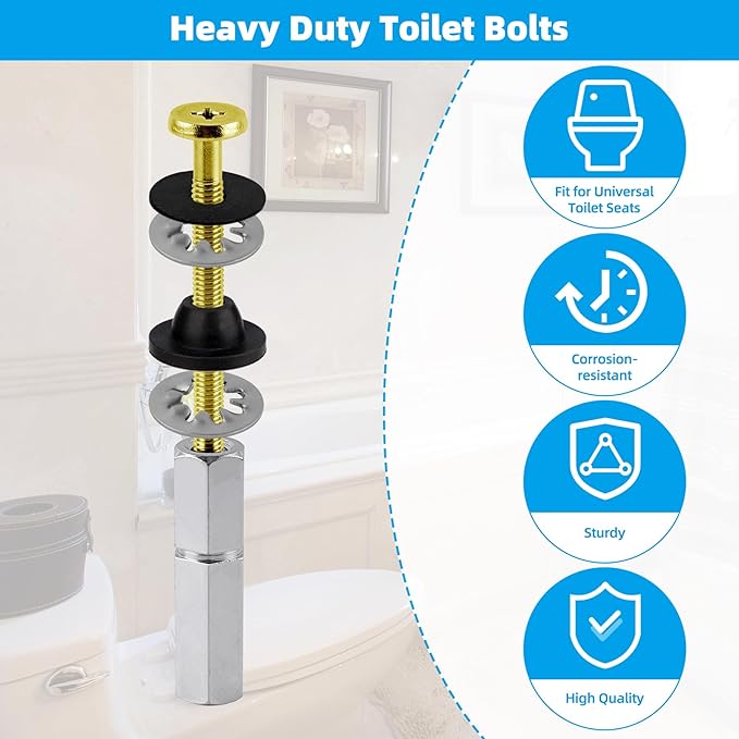 Hibbent 2 PCS Universal Toilet Seat Bolts Kit, Heavy Duty Solid Brass Toilet Bolts with Extra Long Stainless Steel Downlock Nuts Rubber Washers Gaskets, Easy to Install - Bathroom Toilet Repair Screw