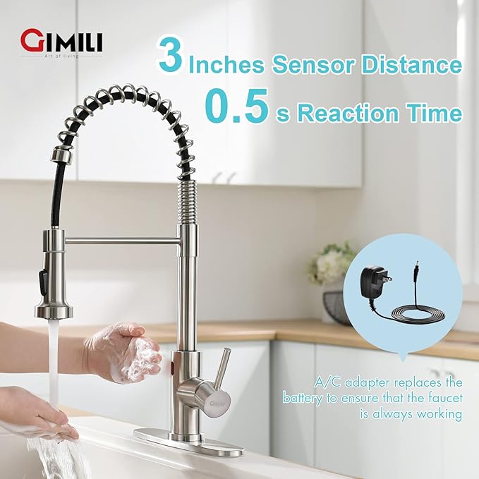 GIMILI Touchless Kitchen Faucet with AC Adapter, Smart Motion Sensor Hands Free Single Handle Kitchen Sink Faucet with Pull Down Sprayer, Brushed Nickel