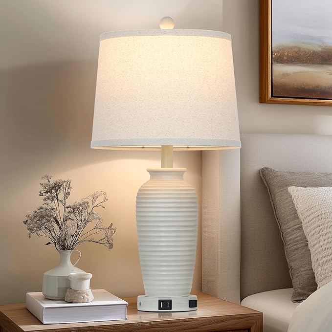 25" Vintage Farmhouse Jar Table Lamps, Single Rustic Bedside Lamp with USB A+C Ports & AC Outlet, Nightstand Lamps for Living Room, Bedroom, End Table, Cream(LED Bulb Included)