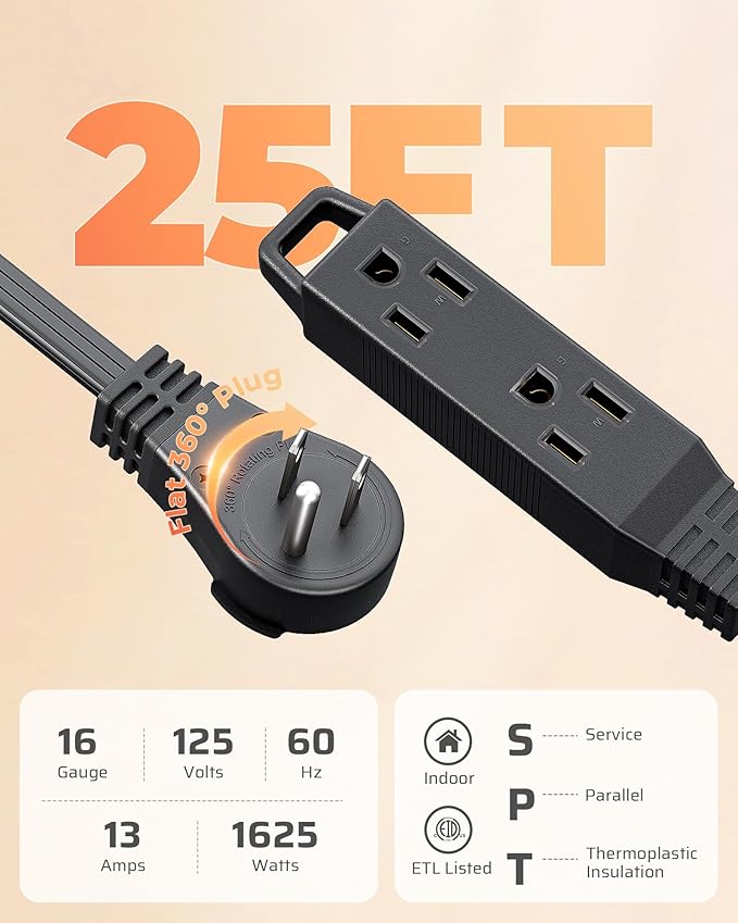 DEWENWILS 25FT Flat Plug Extension Cord, 360° Rotating Plug, 3 Prong Ultra Thin Power Strip, 13A/125V/1625W, 16 Awg Grounded Flat Power Cable for Indoor Narrow Space, SPT-3, ETL Listed, Black