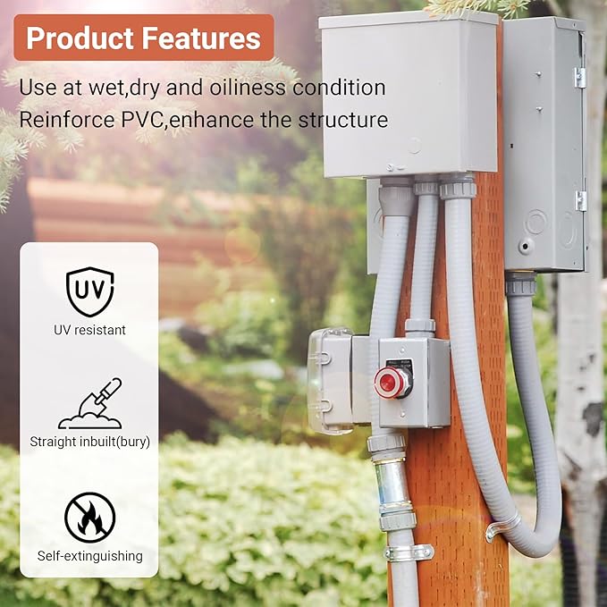 Liquid-Tight Conduit 1-1/2 inch 25ft, Electrical Conduit w/UL Certification, Flexible Conduit with 5 Straight and 5 90-Degree Conduit Connector Fittings Gray