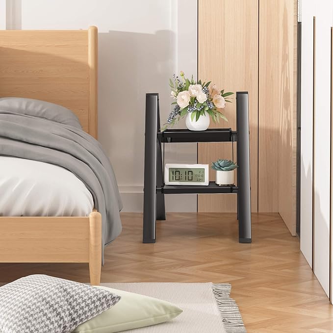 Step Stool, 2 Step Ladder with Anti-Slip and Wide Pedal, Folding Portable Iron Stepladder for Home and Kitchen, 300lbs - Black