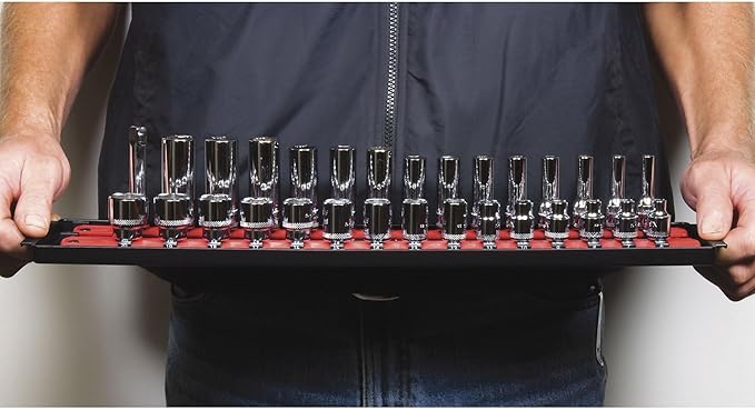 Heavy Duty Socket Organizer with Tray - Ernst Manufacturing 19-Inch Socket Boss 2-Row, 1/4-Inch-Drive Twist Lock Socket Holder, SAE, METRIC, Red (8452) - Automotive Industry - Made in USA