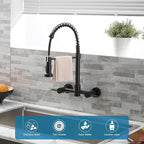 AIMADI Wall Mount Kitchen Faucet,Matte Black Kitchen Sink Faucet with Pull Down Sprayer,8 inch 2 Handle Commercial Faucet for Kitchen Laundry Room Restaurant