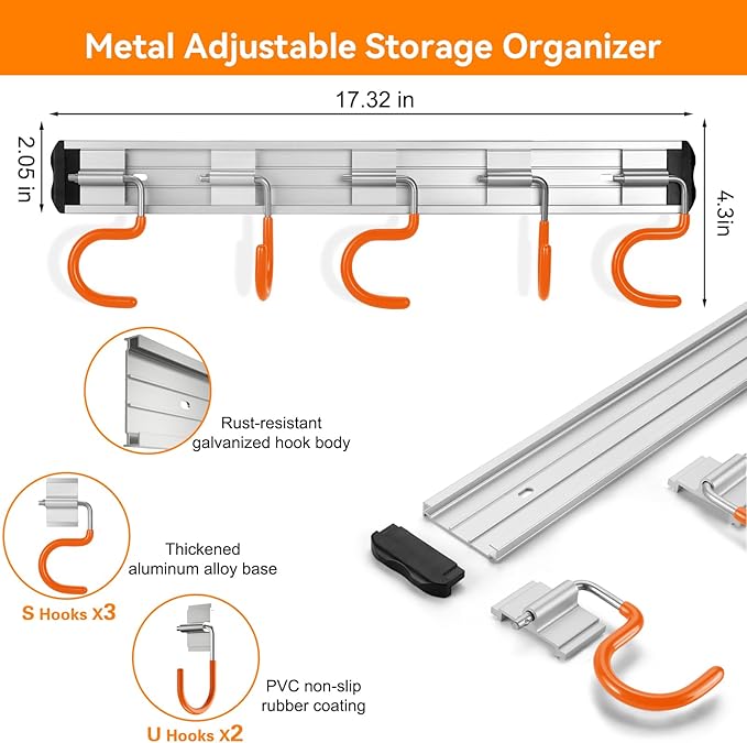 69'' Aluminum Alloy Garden Tool Organizer Wall Mount Garage Organizers and Storage with Hooks Tool Hangers for Shed Hooks for Shovel, Rake, Broom & More