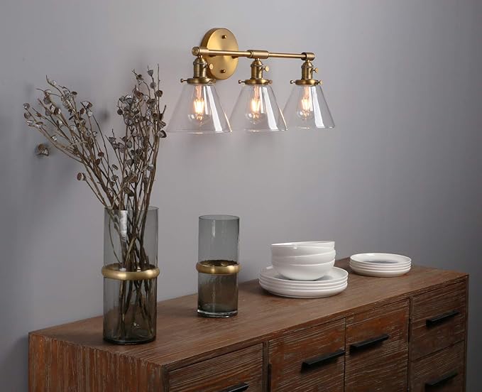 Phansthy 3-Light Wall Sconces Antique Brass Vanity Light, Industrial Wall Lamps with On Off Switch and Clear Glass Lampshade, Vintage Wall Lighting for Bathroom Living Room (Antique, Cone Shade)