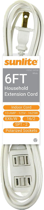 Sunlite 6-Foot Household Extension Cord, Three 2-Prong Polarized Sockets, Tamper Guards, Indoor Use, for Small Appliances, Electronics, Lamps, Fans, ETL Listed, SPT-2, 1625 Watts 13 Amps, 125V, White
