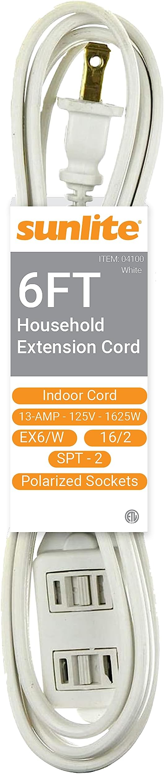 Sunlite 6-Foot Household Extension Cord, Three 2-Prong Polarized Sockets, Tamper Guards, Indoor Use, for Small Appliances, Electronics, Lamps, Fans, ETL Listed, SPT-2, 1625 Watts 13 Amps, 125V, White