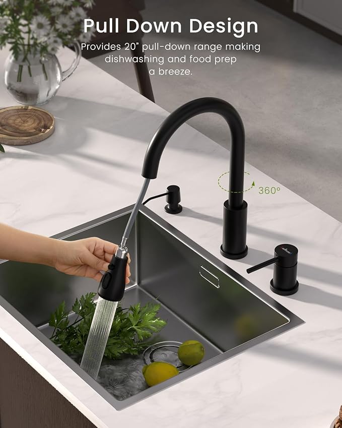 APPASO 3 Hole Kitchen Faucet, Matte Black Kitchen Faucet with Soap Dispenser and Pull Down Sprayer 3 Modes, Stainless Steel High Arch Kitchen Sink Faucet with Separate Handle 3 Pieces