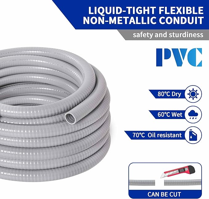 (3/4" Dia * 50 Feet) Yariwiz Flexible Electrical Conduit Liquid Tight PVC Conduit Kit with 5 PCS Coupling, 3 PCS Elbow and 10 PCS Strap, Sealtight Seal Flex Liquidtight Wire Outdoor Non Metallic Grey