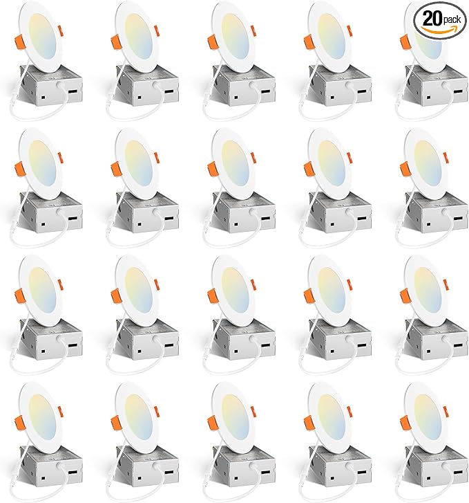 Amico 20 Pack 4 Inch 5CCT Ultra-Thin LED Recessed Ceiling Light with Junction Box, 2700K/3000K/3500K/4000K/5000K Selectable, 11W Eqv 70W, Dimmable Can Light, 800LM High Brightness Downlight - ETL