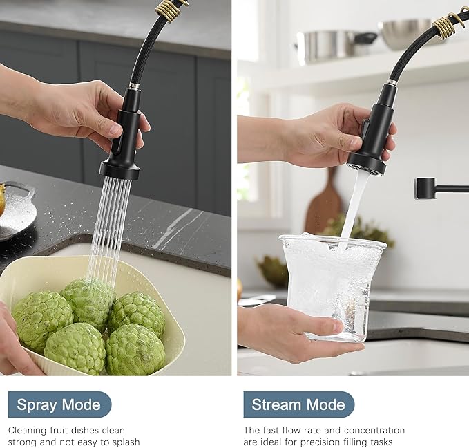 AIMADI Matte Black Kitchen Faucet,Black and Gold Kitchen Faucet with Pull Down Sprayer Commercial Single Handle Spring Sink Faucets Suitable for Farmhouses,Camper Laundry Rv Bar