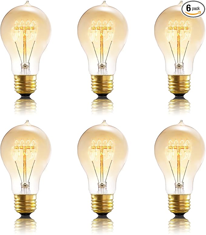 A19 Incandescent Light Bulbs 60 Watt,120v Edison Bulbs Dimmable 2200k Warm Yellow E26 Base, Antique Retro Style Incandescent Bulb, Amber Glass Squirrel Cage Filament Decorative Lamp, 6Pack