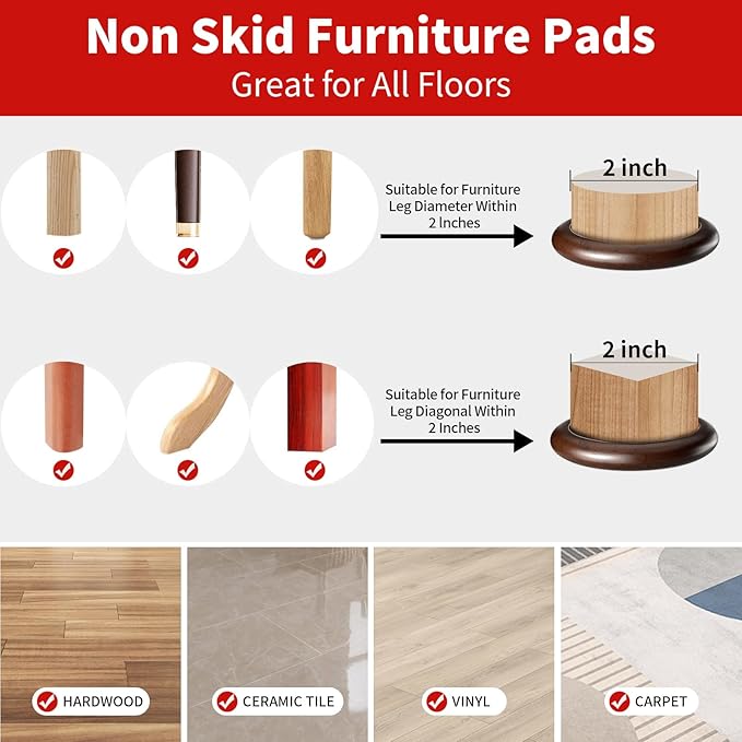 Ezprotekt 2 inch Non Slip Wood Furniture Pads for Hardwood Floors, 16 Pcs Round Anti Slip Furniture Coaster Cups Floor Protectors with Anti-Slide EVA for Chair Sofa Table Bed Couch (Dark Brown)