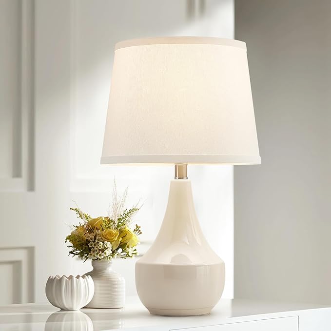 GyroVu Table Lamp Set of 2, 18.63” Ceramic Table Lamp Classic Beside Lamps Nightstand Lamp Modern Lamp for Living Room, Bedroom & Office Rocker Swtich Cream-LED Bulbs Included