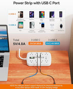 2 Prong Power Strip, 3 to 2 Prong Outlet Adapter, 1700J 2 Prong Surge Protector 5ft Extension Cord with Thin Flat Polarized Plug, 8 AC & 6 USB, Wall Mount for Non-Grounded Outlet, Ideal for Old House