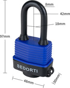 Colored Waterproof Padlocks, Heavy Duty Laminated Steel Lock with Blue Plastic Covered, Keyed Alike Outdoor Locks, Can Be Used as Lockout Tagout Lock, Long Padlocks, Pack of 12