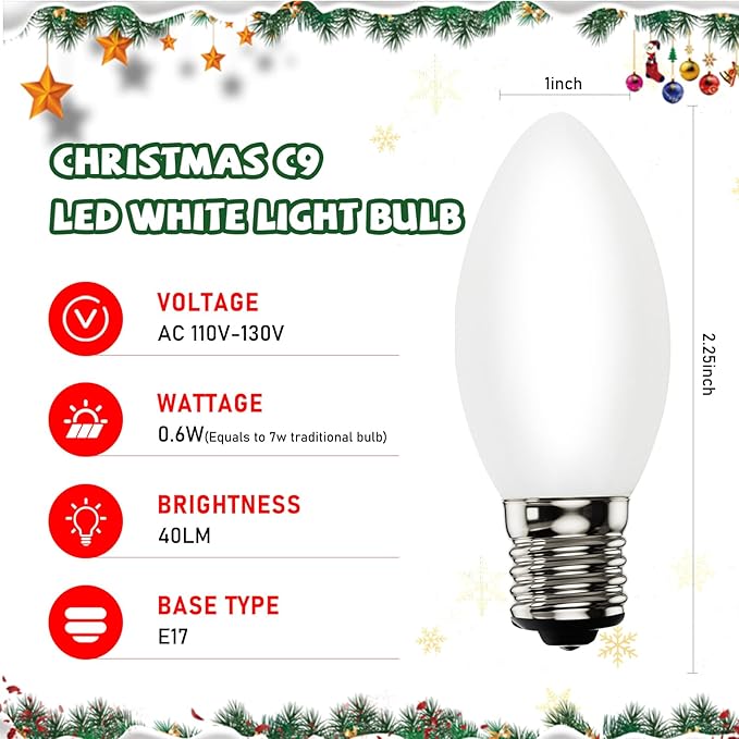 25 Pack C9 Christmas White LED Light Bulb,Vintage Warm White Plastic C9 Replacement Bulbs Shatterproof C9/E17 Intermediate Base 0.6 Watt Great for Night Lights Christmas Outdoor String Lights