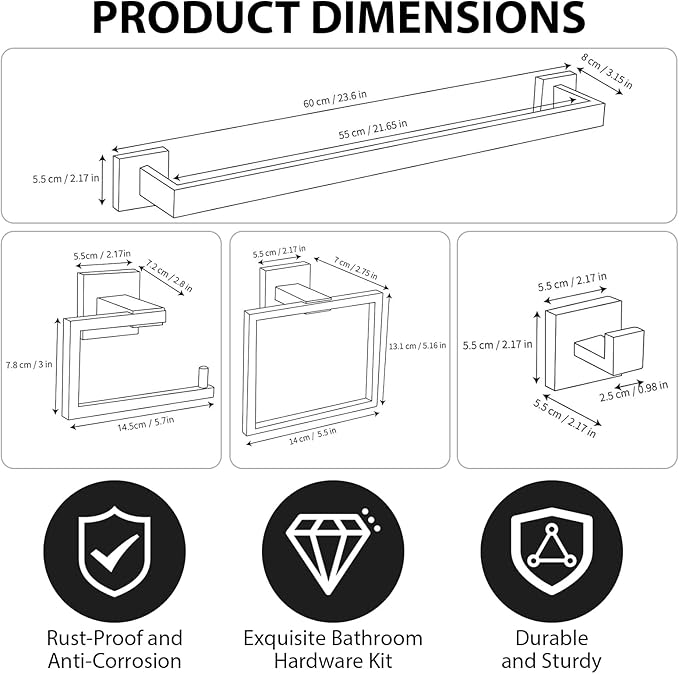 YACVCL 5-Piece Bathroom Hardware Accessories Set 23.6 inch Towel Bar Set Modern Towel Rack Set Stainless Steel Wall Mounted Bathroom Towel Holder Set(Bright Gold)