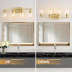 EMONG Gold Bathroom Light Fixtures,4-Lights Brushed Brass Vanity Light with Clear Glass Shade,Modern Wall Sconces for Hallway, Farmhouse,Living Room
