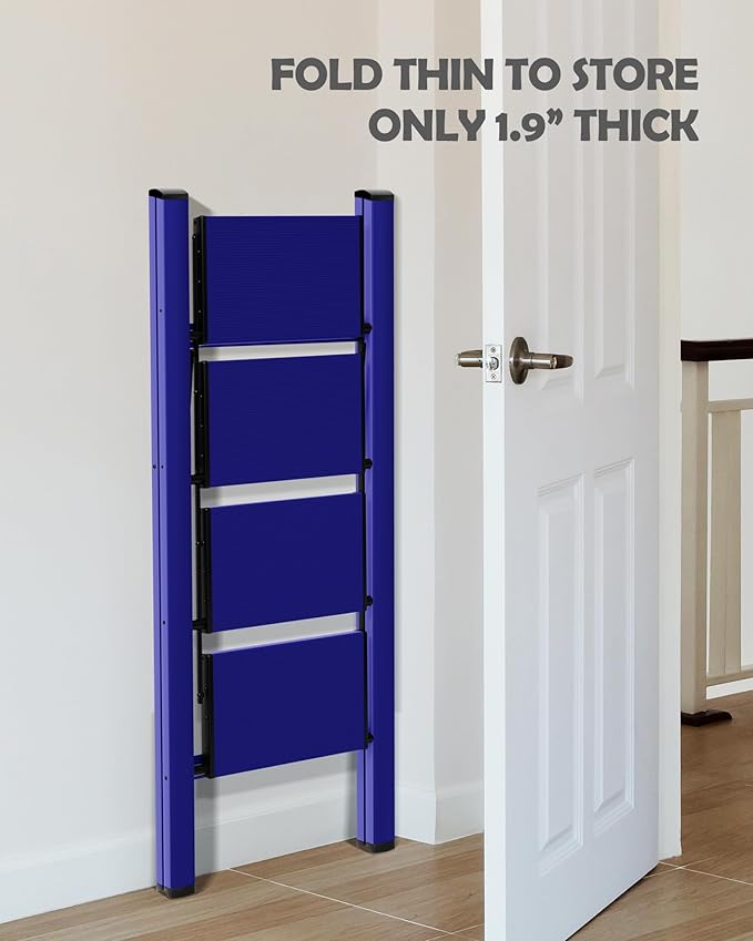 Taranta 4 Step Ladder,Aluminum Lightweight Folding 4 Step Stool with Anti-Slip Wide Pedal,330lbs Capacity Step Ladder for Household,Kitchen,Office - Blue