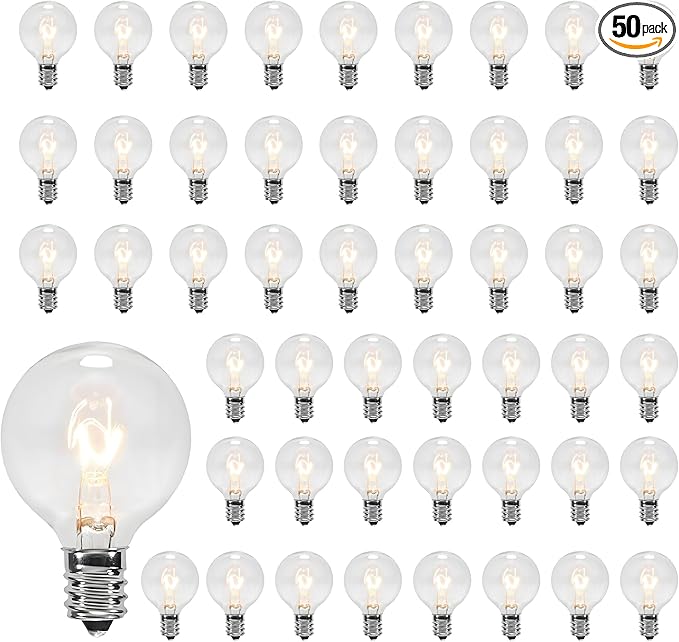 50 Pack G40 Light Bulbs Replacement, 120V 5W Clear Globe G40 Outdoor String Lights Bulbs Replacement, C7 or E12 Candelabra Base Wax Warmer Light Bulbs, 2200K Warm White Vintage Incandescent Bulbs