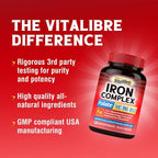 Iron Supplement for Women & Men, with Vitamins C, B6, B12 & Folate for Iron Deficiency, Blood Building & Energy Support, Stomach Friendly, Better Absorption, Non-GMO,No Gluten,120 Vegan Caps