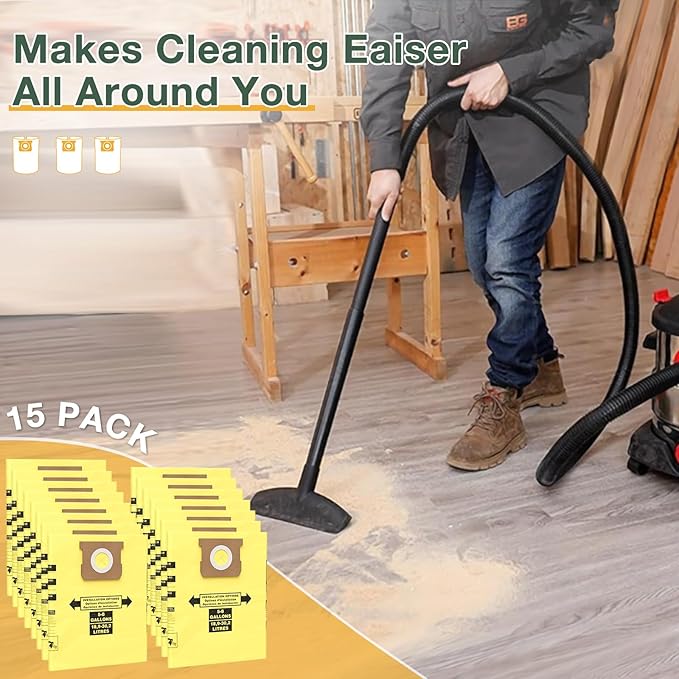 15PCS 5-8 Gallon Wet Dry Vacuum Filter Bags Replacement For Shop Vac Bags, Replace Part Type H #90671 9067100 9067133, Type E #90661 9066100 9066133, VF2004, VHBS VDBS（Yellow）