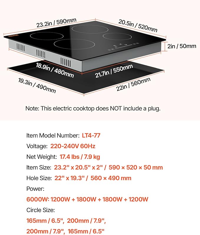 VEVOR LT4-77 Built in Electric Ceramic 23.2 x 20.5 inch Stove Top, 240V Glass Radiant Cooktop with Touch Control, Timer & Child Lock, 9 Power Levels for Simmer Steam Slow Cook Fry, 24IN 4-Burners