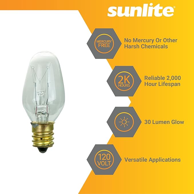 Sunlite 01280 7C7 Incandescent Bulb, 7 Watt, Candelabra E12 Base, C7 Small Night Light, Colored Bulb, Clear, 25 Count