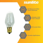 Sunlite 01280 7C7 Incandescent Bulb, 7 Watt, Candelabra E12 Base, C7 Small Night Light, Colored Bulb, Clear, 25 Count