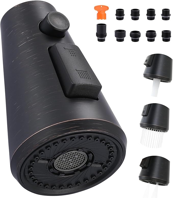 Pull Down Spray Head Replacement - for Kitchen Faucet Sprayer Head with 9 Adapters, 3 Function Pull Out Faucets Spray Nozzle Compatible with Moen, American Standard Faucets, Oil Rubbed Bronze
