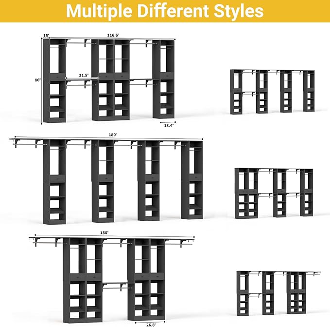 Unikito 10-15FT Closet Systems, Large Wood Walk in Closet Organizer with Hanging Rods and Drawers, Heavy Duty Closets Wardrobe with Shoe Rack, Sturdy Reversible Clothes Closet Kit, Black, Set of 2