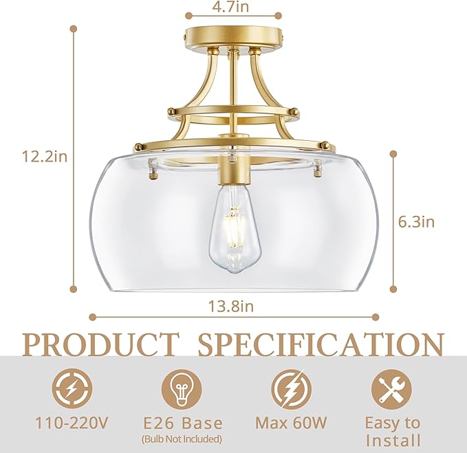 Industrial Round Chandelier Rustic Ceiling Light Fixture Farmhouse Pendant Light with Clear Glass Shade for Dining Room Hallway Entryway Kitchen Bedroom, Gold