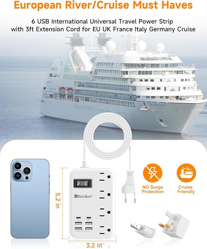 European Travel Plug Adapter, US to Europe Travel Power Strip with 6 USB(2 USB C) 4 Outlets, International Universal Travel Power Adapter with 3ft Extension Cord for EU UK France Italy Germany Cruise