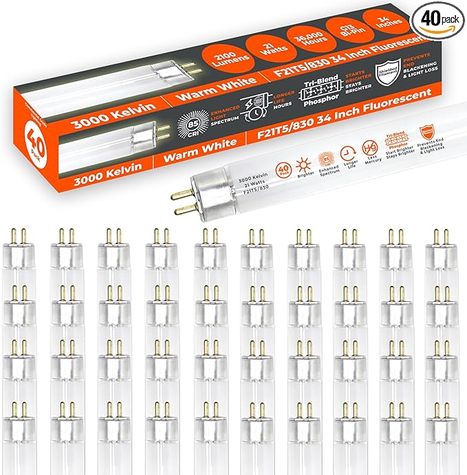 GoodBulb 21W 34 Inch T5 Fluorescent Light Bulb 3000K Warm White Medium Bi-Pin Base 2100 Lumens 85 CRI 36000 Life Hours Instant/Programmed Start (Pack of 40)