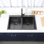 SHACO 33x22 Inch Black 50/50 Double Bowl Drop In Kitchen Sink, Top Mount 16 Gauge Gunmetal Black Stainless Steel Kitchen Sink with Grid and Accessories