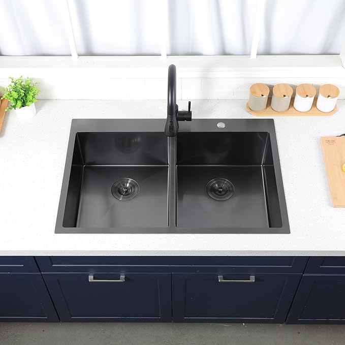 SHACO 33x22 Inch Black 50/50 Double Bowl Drop In Kitchen Sink, Top Mount 16 Gauge Gunmetal Black Stainless Steel Kitchen Sink with Grid and Accessories