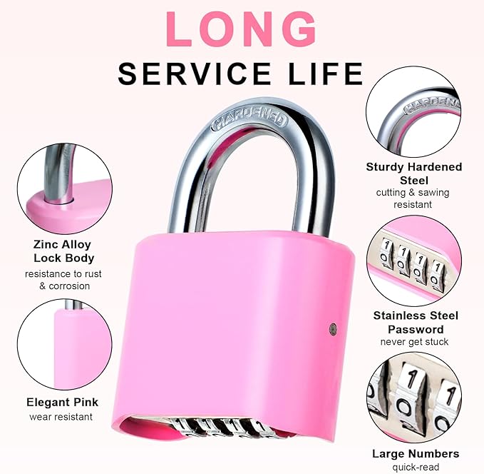 DELSWIN 4-Digit Combination Lock Outdoor Padlock - Heavy Duty Locker Lock with Hardened Steel Shackle, Waterproof Combo Lock for Gym Locker, Hasp Storage, Shed, Fence, Gate (Pink,1Pcs)