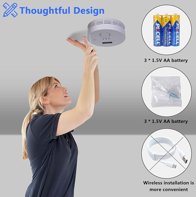 Smoke and Carbon Monoxide Detector, 2 in 1, Smoke & CO Alarm, 85db Sound, LCD Readout, Battery Operation, for Home and Kitchen, Easy Installation