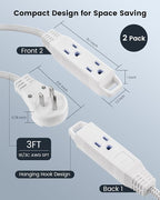 SURAIELEC Flat Extension Cord 3FT, 360° Rotating Flat Plug Extension Cord with 3 Outlets, Braided White Cord for Indoor Use, Small Space, Compact Areas, 16/3C SPT, ETL Listed, 2 Pack
